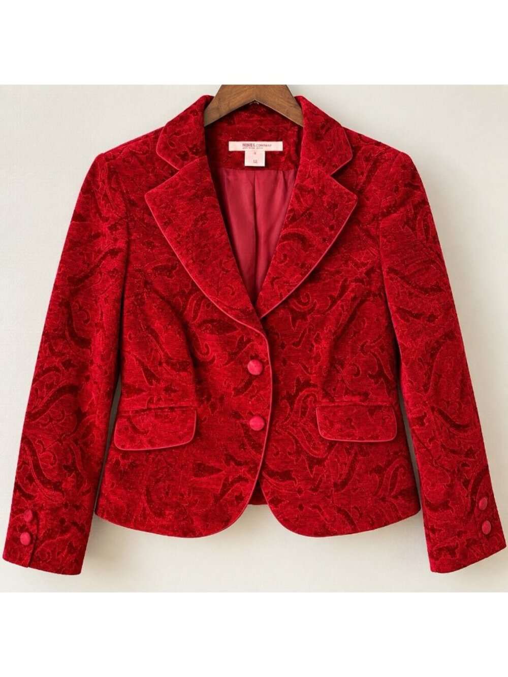 Nine & Co Red Velvet Jacquard Blazer Womens 12 Fitted Romantic Holiday Jacket